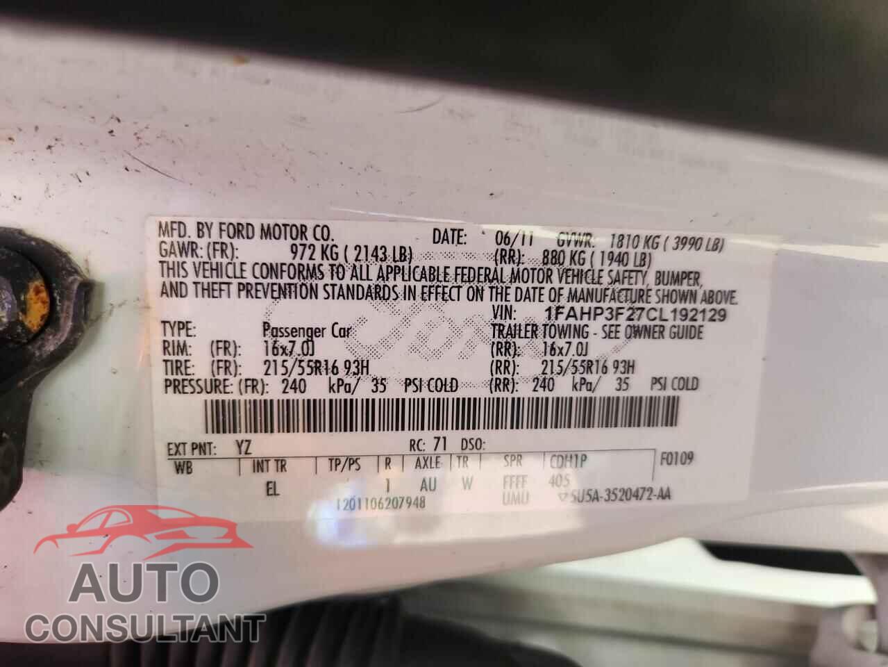 FORD FOCUS 2012 - 1FAHP3F27CL192129