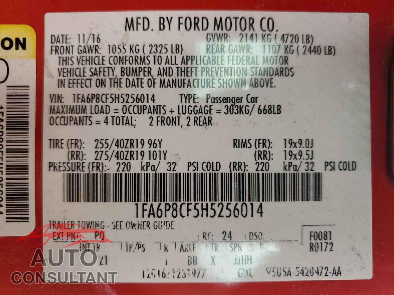 FORD MUSTANG 2017 - 1FA6P8CF5H5256014
