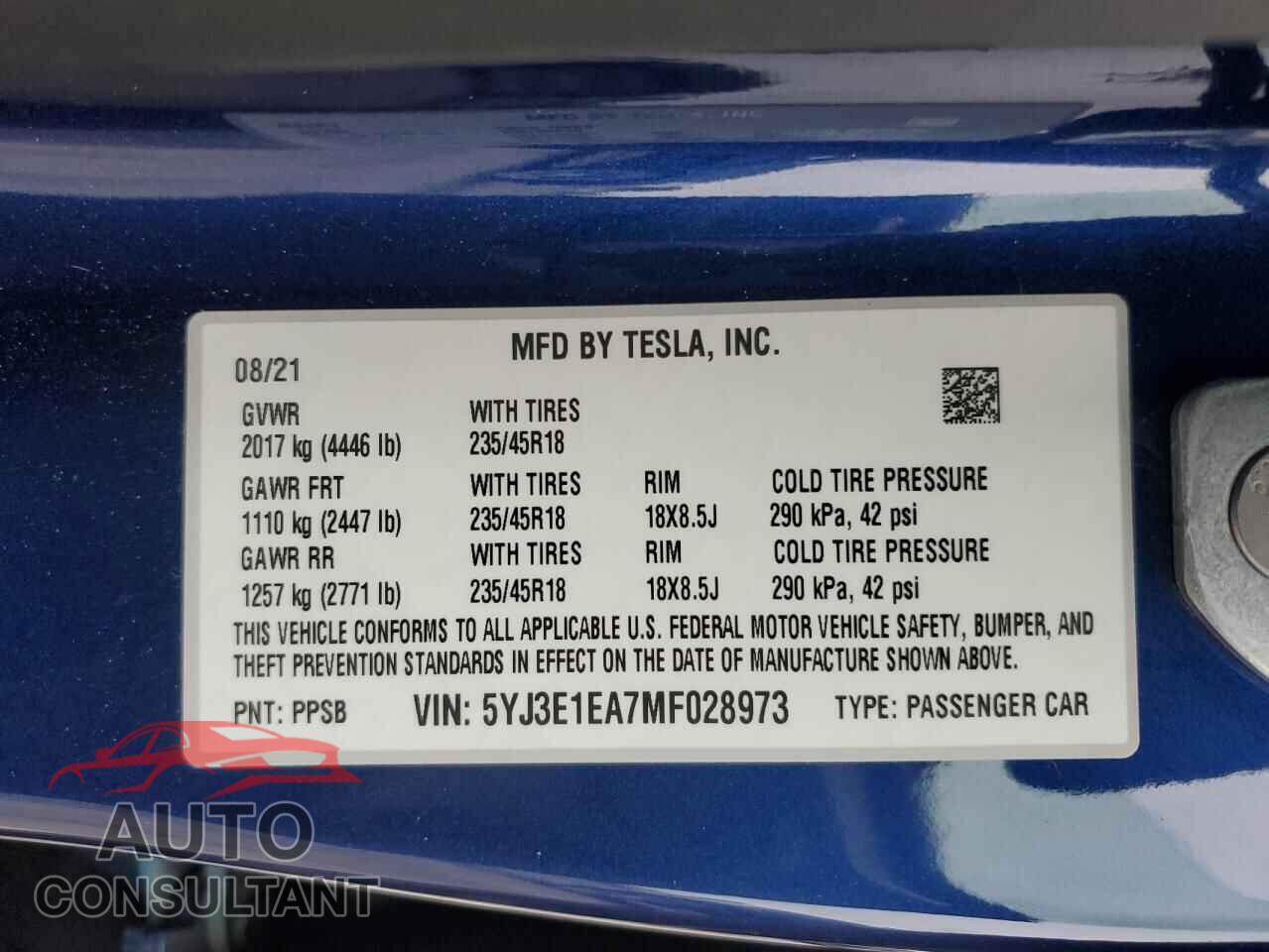 TESLA MODEL 3 2021 - 5YJ3E1EA7MF028973