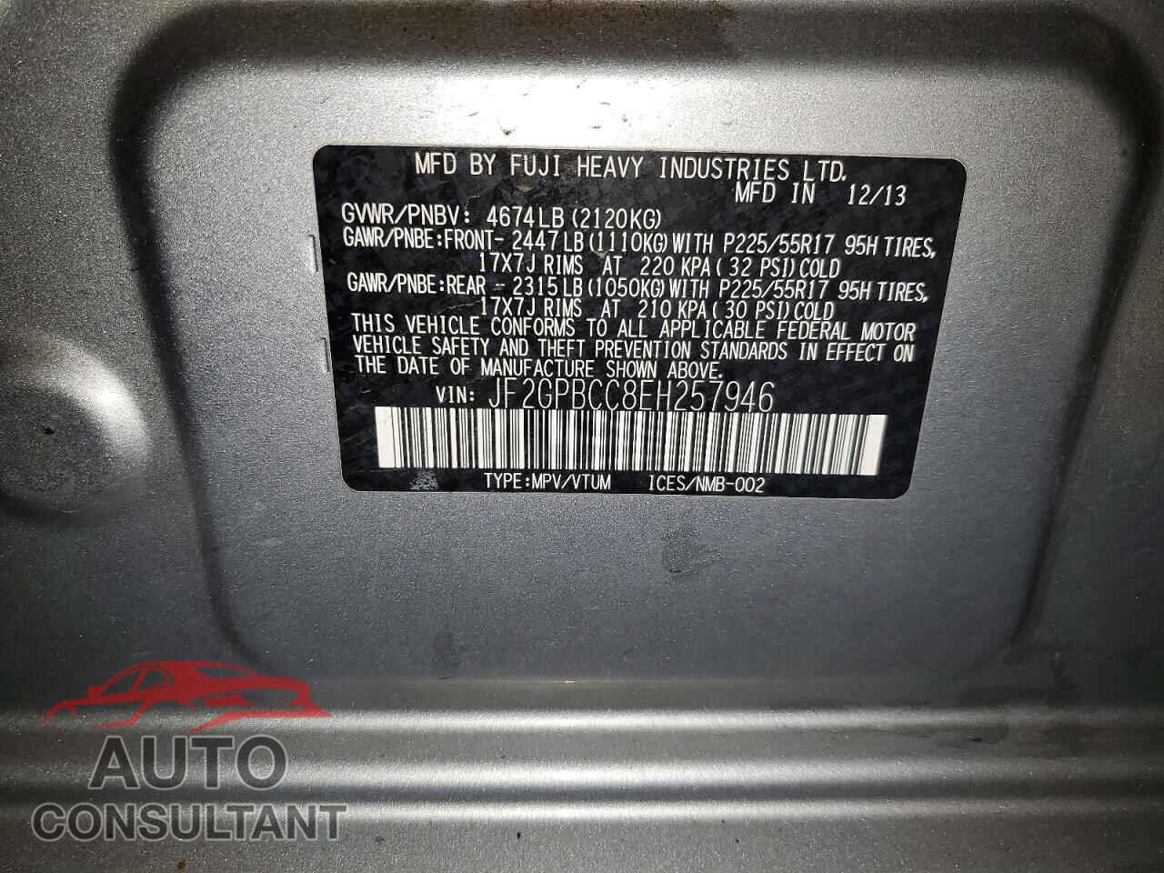 SUBARU XV 2014 - JF2GPBCC8EH257946