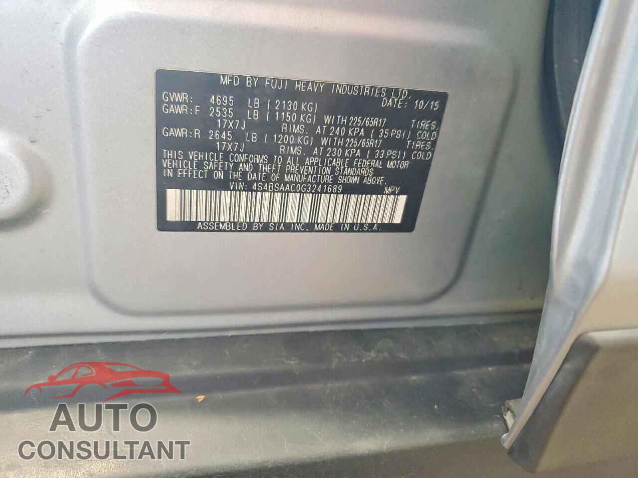 SUBARU OUTBACK 2016 - 4S4BSAAC0G3241689