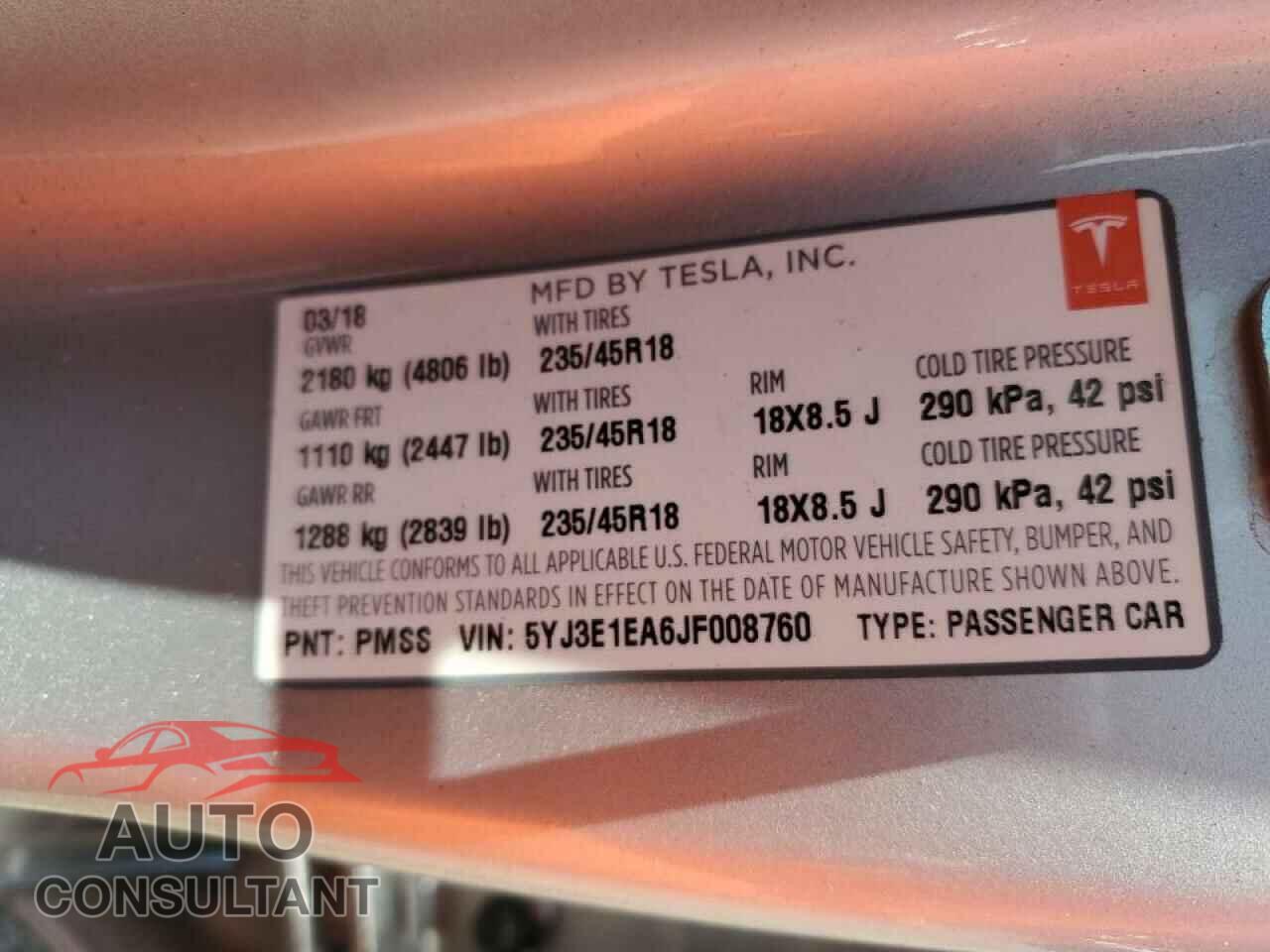 TESLA MODEL 3 2018 - 5YJ3E1EA6JF008760