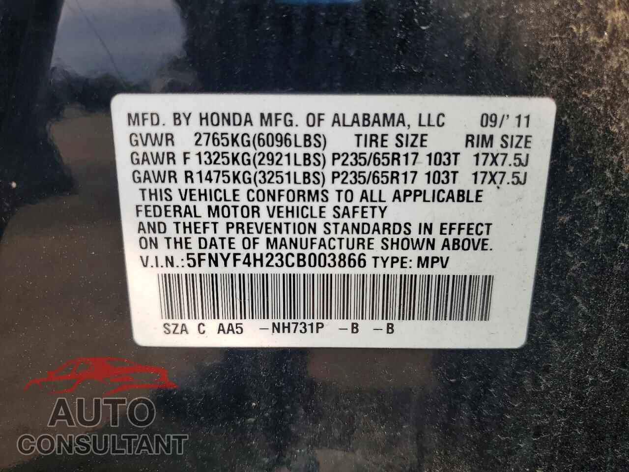 HONDA PILOT 2012 - 5FNYF4H23CB003866