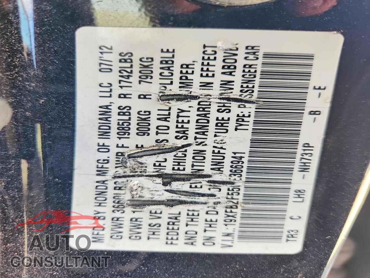 HONDA CIVIC 2012 - 19XFB2F55CE366941