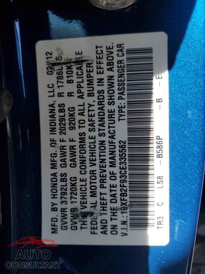 HONDA CIVIC 2012 - 19XFB2F93CE335562
