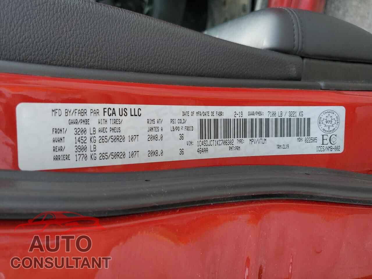 DODGE DURANGO 2019 - 1C4SDJCT1KC708302