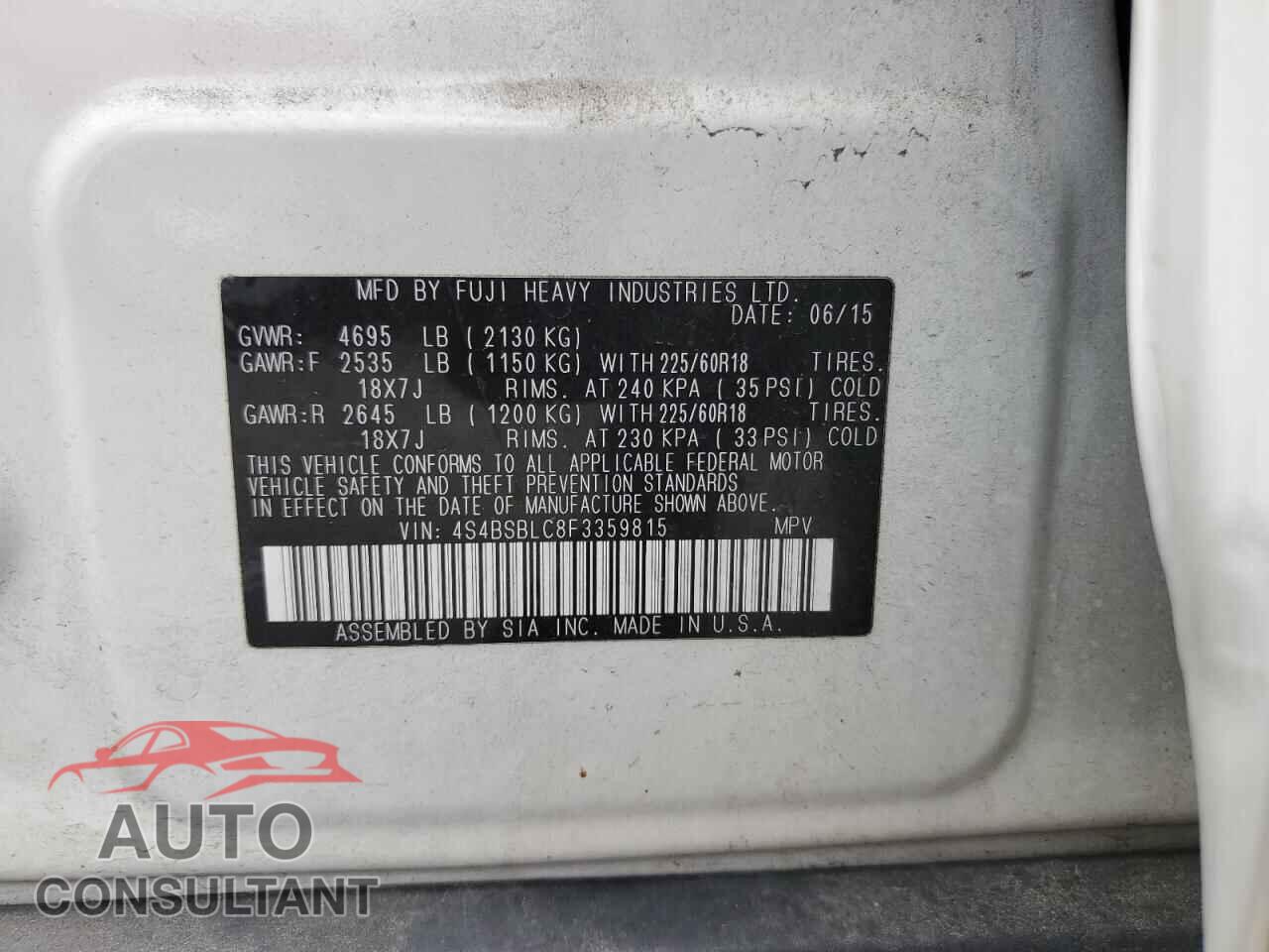 SUBARU OUTBACK 2015 - 4S4BSBLC8F3359815