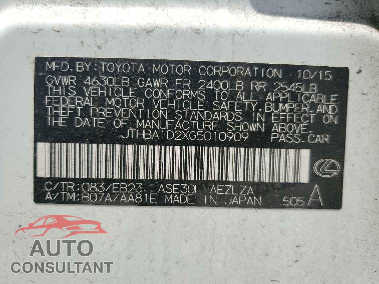 LEXUS IS 2016 - JTHBA1D2XG5010909