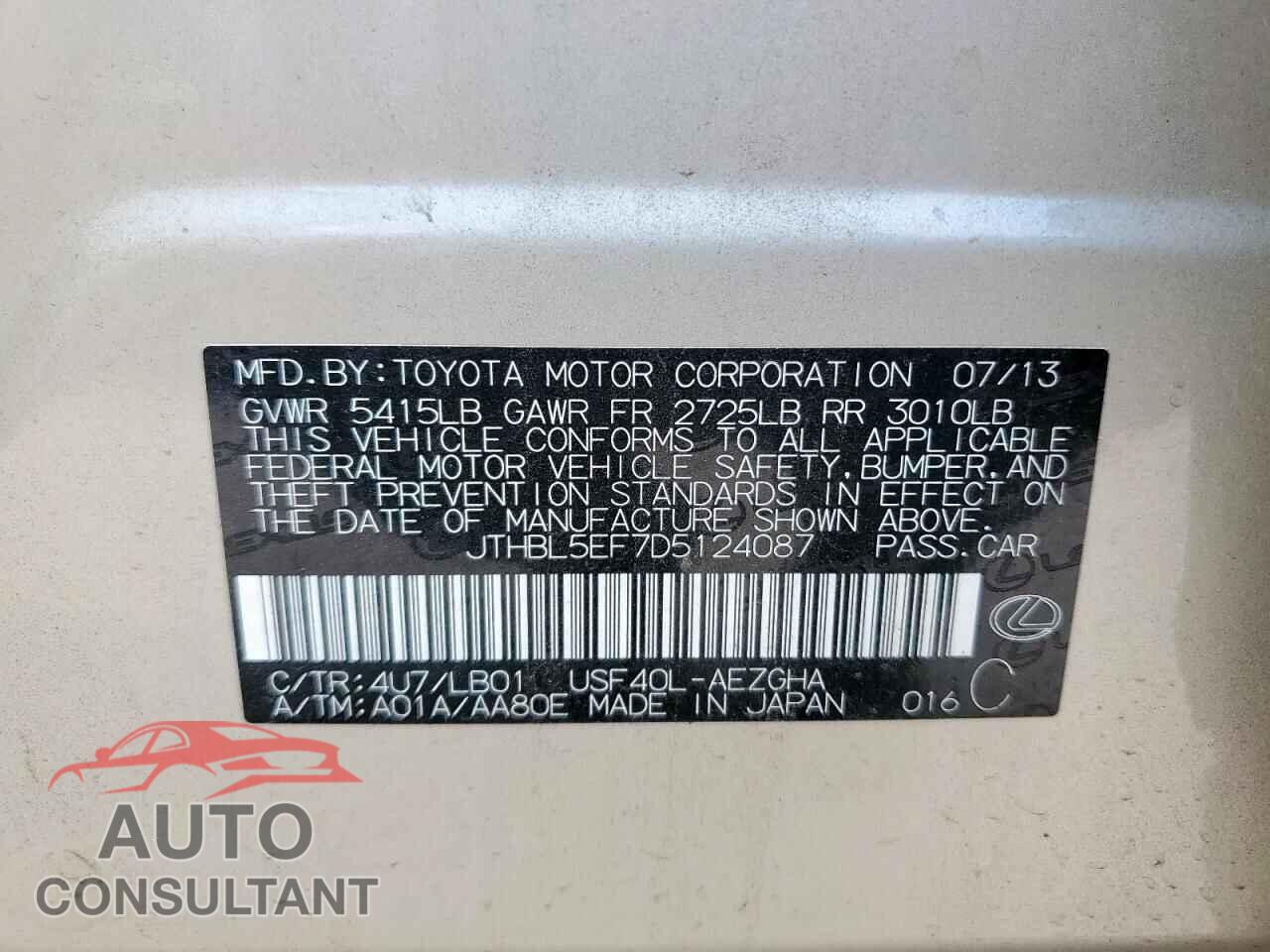 LEXUS LS460 2013 - JTHBL5EF7D5124087