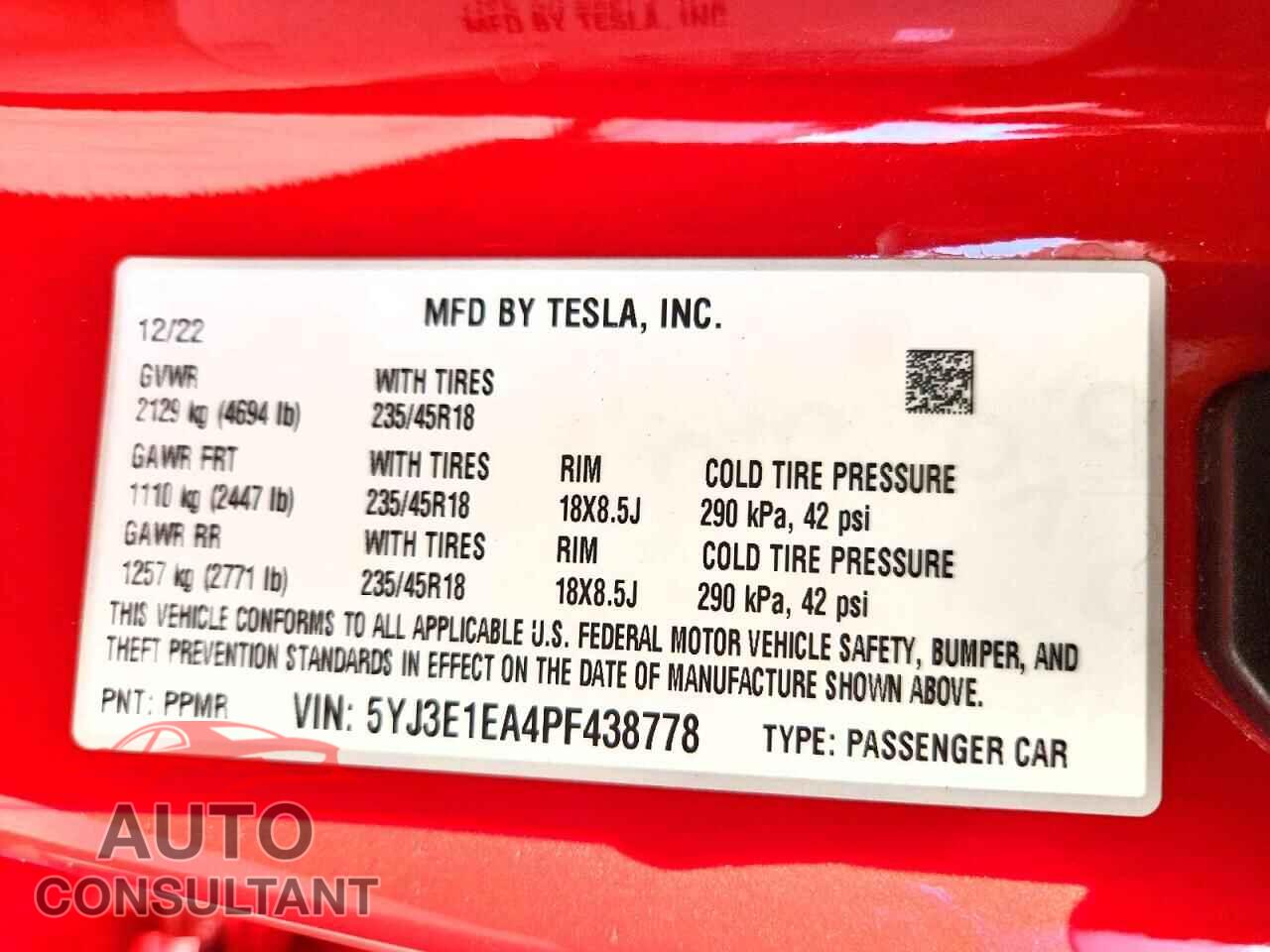 TESLA MODEL 3 2023 - 5YJ3E1EA4PF438778