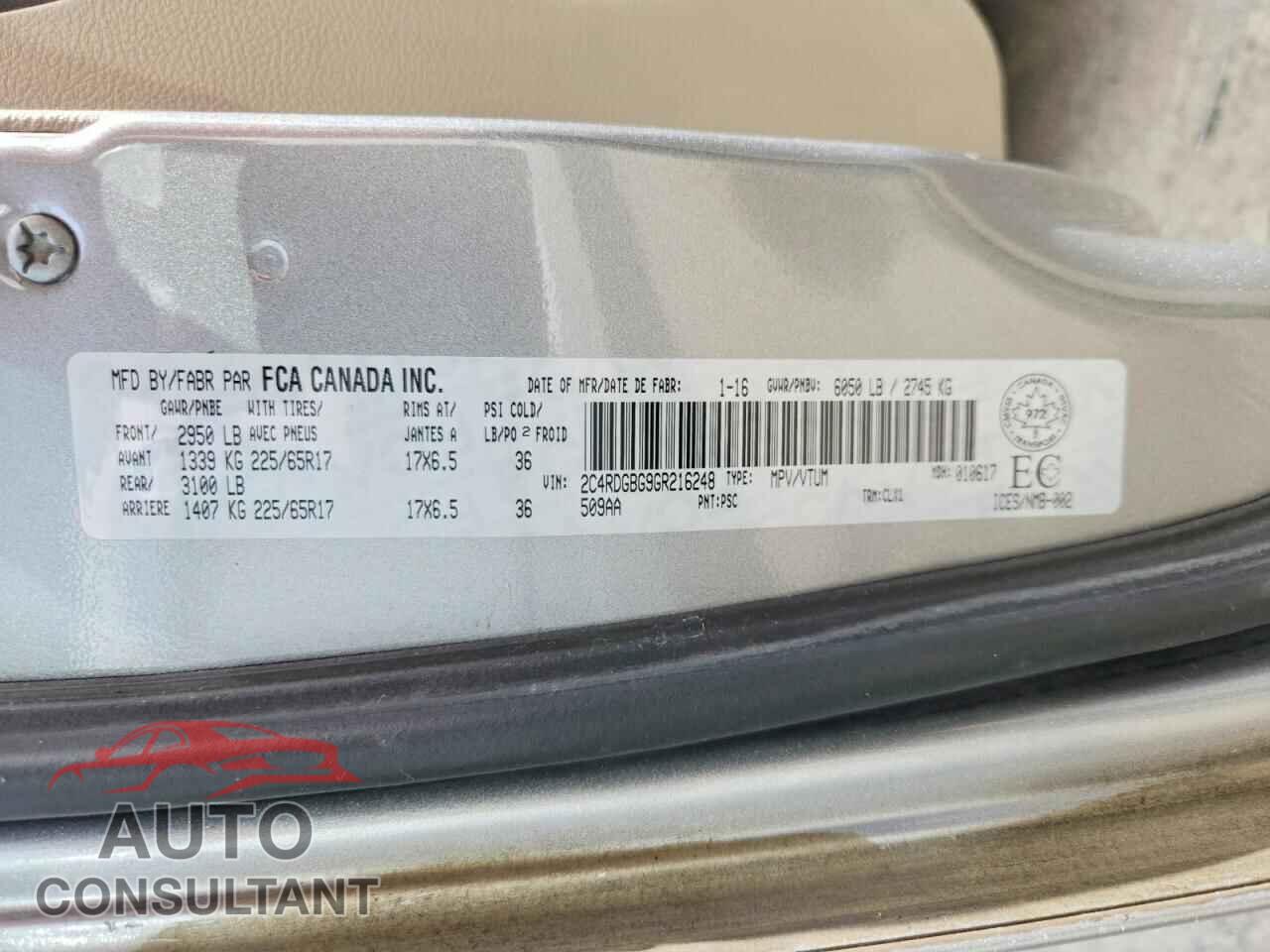 DODGE CARAVAN 2016 - 2C4RDGBG9GR216248