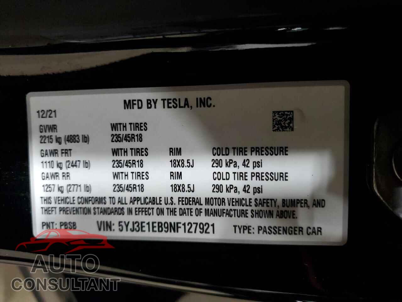 TESLA MODEL 3 2022 - 5YJ3E1EB9NF127921