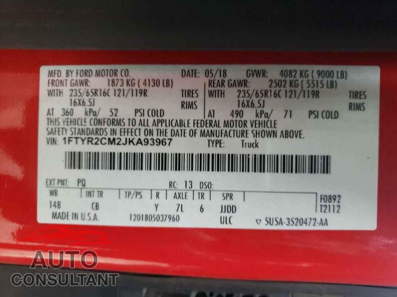FORD TRANSIT CO 2018 - 1FTYR2CM2JKA93967