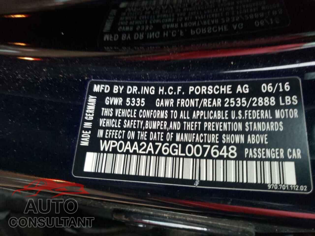 PORSCHE PANAMERA 2016 - WP0AA2A76GL007648