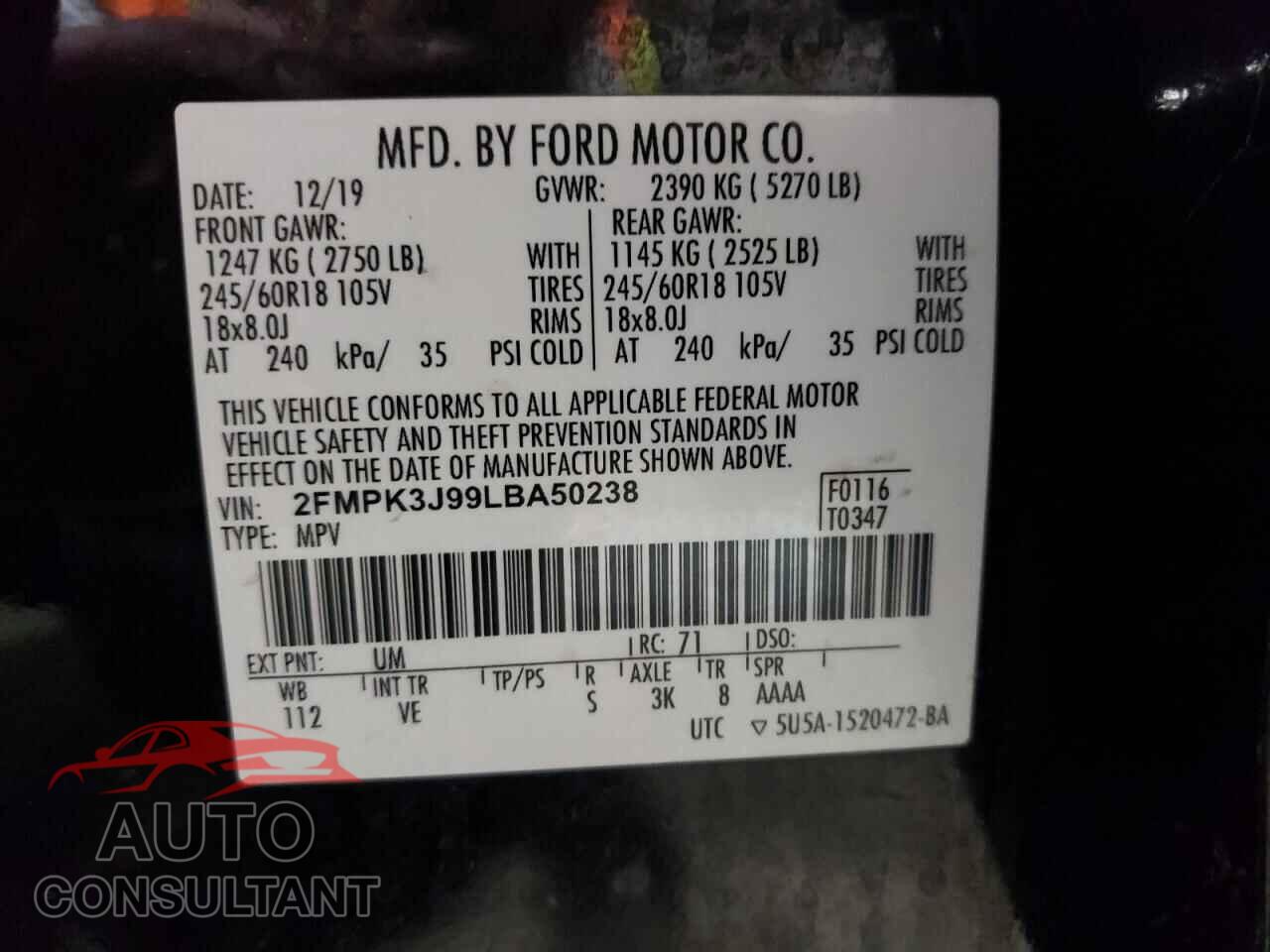 FORD EDGE 2020 - 2FMPK3J99LBA50238