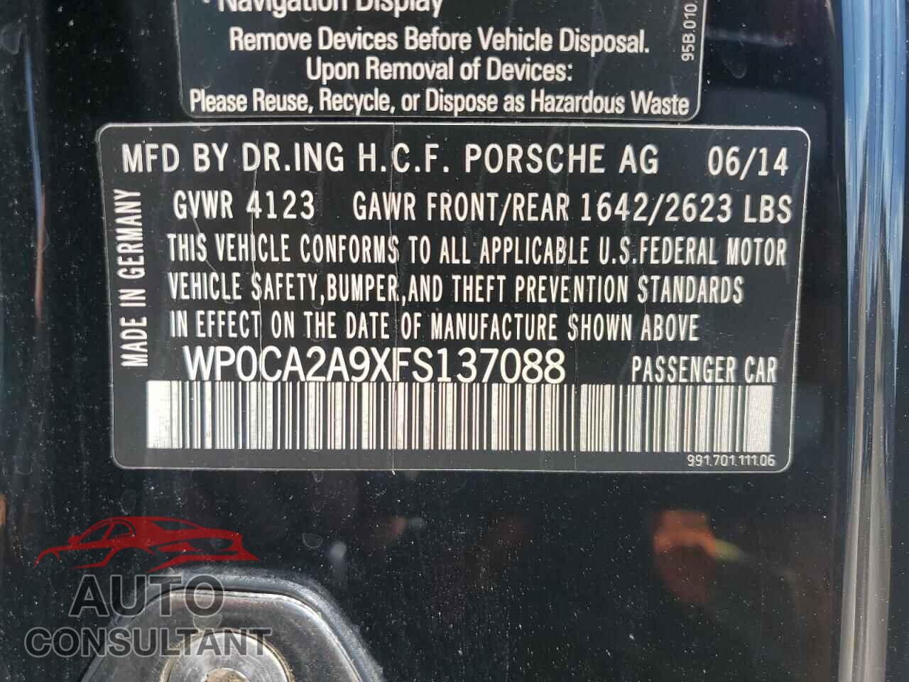 PORSCHE 911 2015 - WP0CA2A9XFS137088
