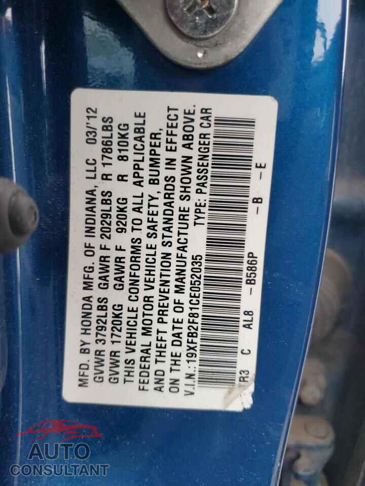 HONDA CIVIC 2012 - 19XFB2F81CE052035