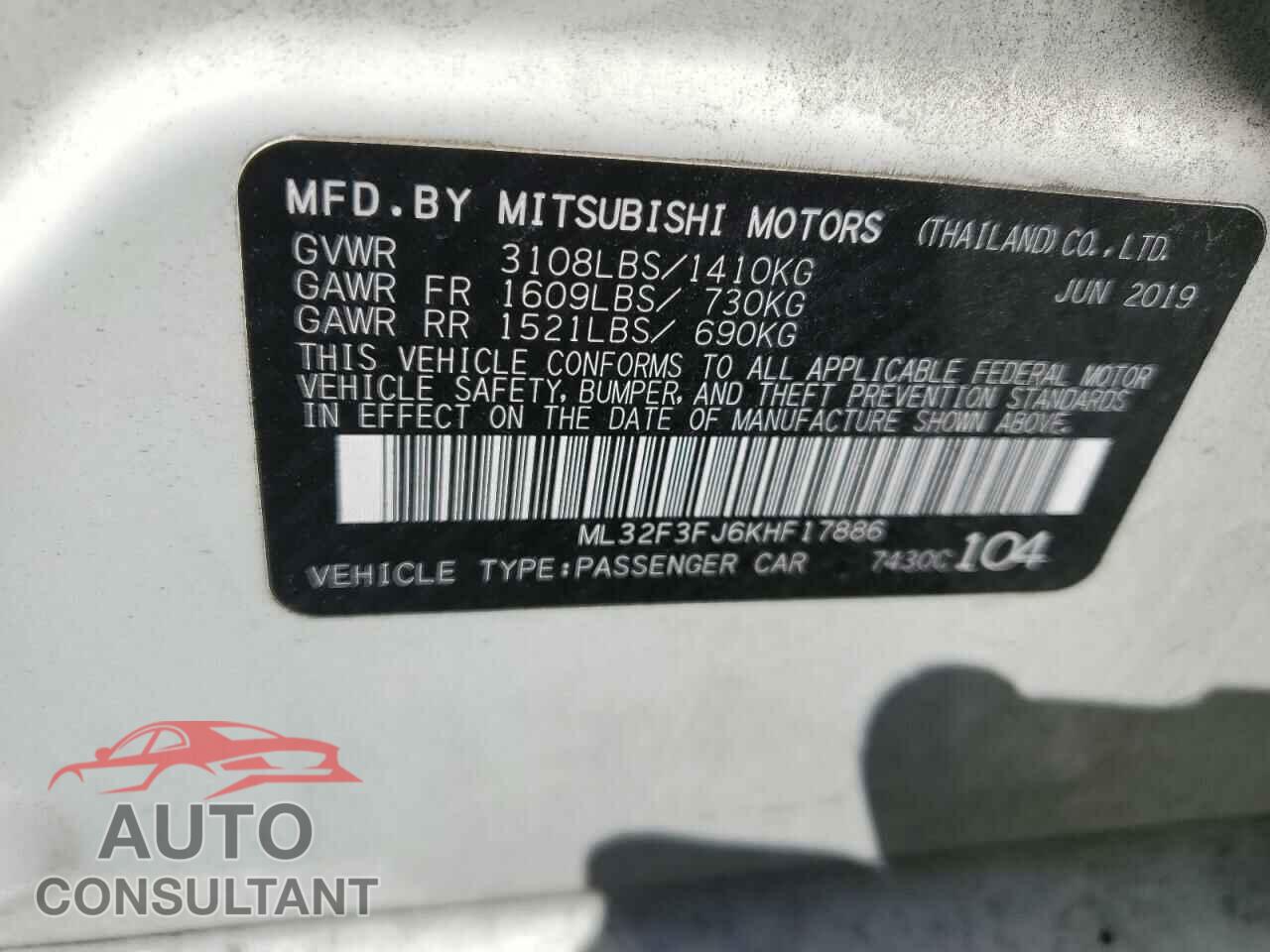 MITSUBISHI MIRAGE 2019 - ML32F3FJ6KHF17886