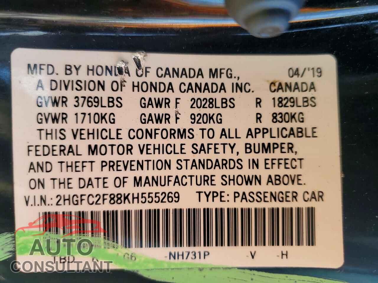HONDA CIVIC 2019 - 2HGFC2F88KH555269