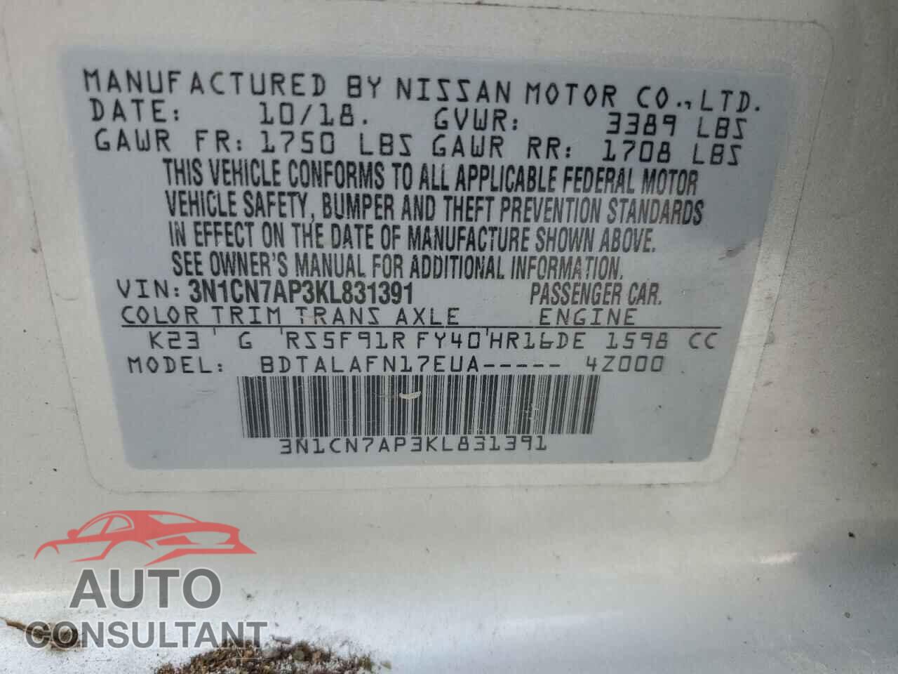 NISSAN VERSA 2019 - 3N1CN7AP3KL831391
