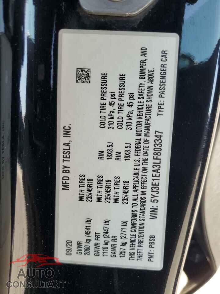 TESLA MODEL 3 2020 - 5YJ3E1EA3LF803347