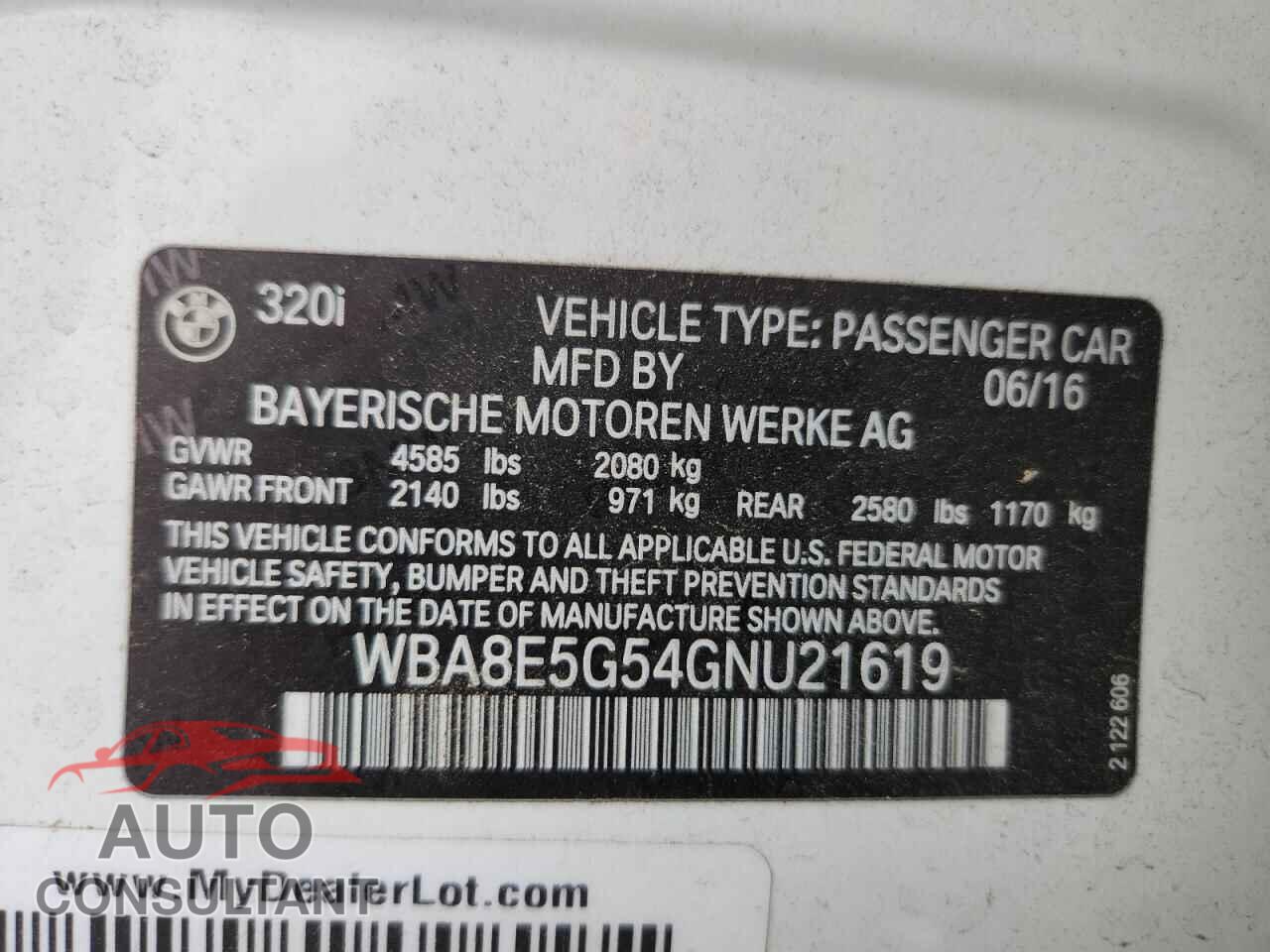 BMW 3 SERIES 2016 - WBA8E5G54GNU21619