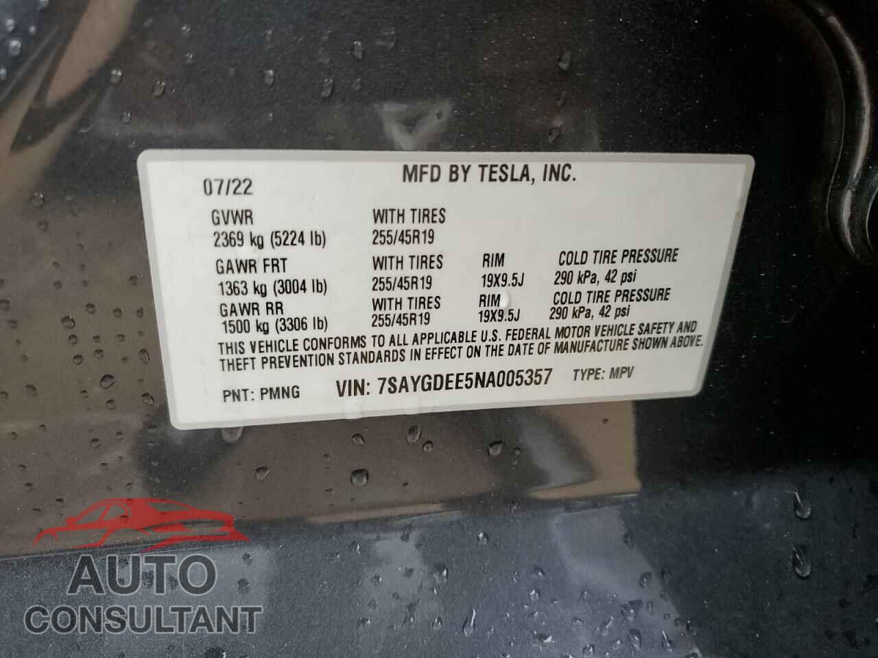 TESLA MODEL Y 2022 - 7SAYGDEE5NA005357