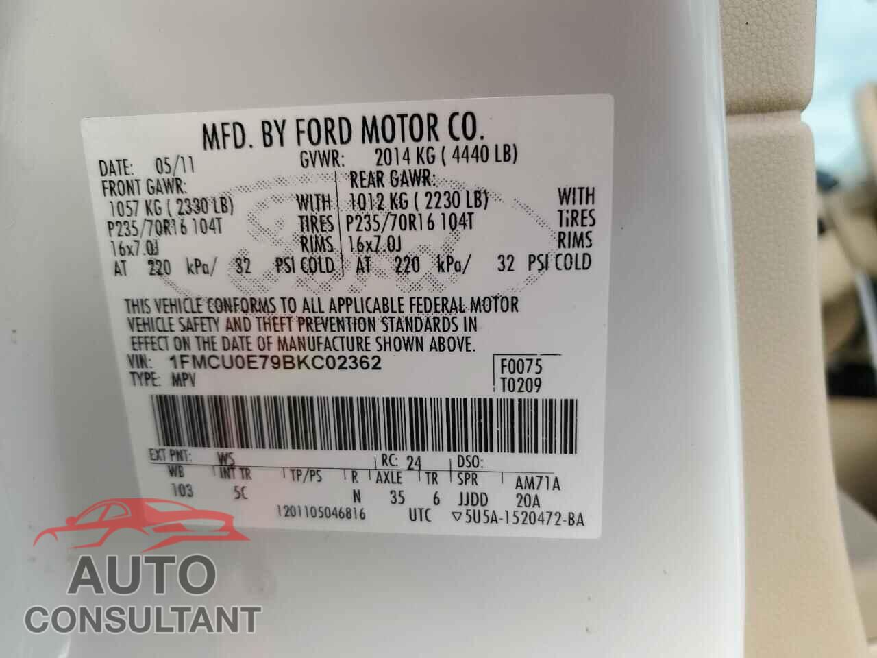 FORD ESCAPE 2011 - 1FMCU0E79BKC02362