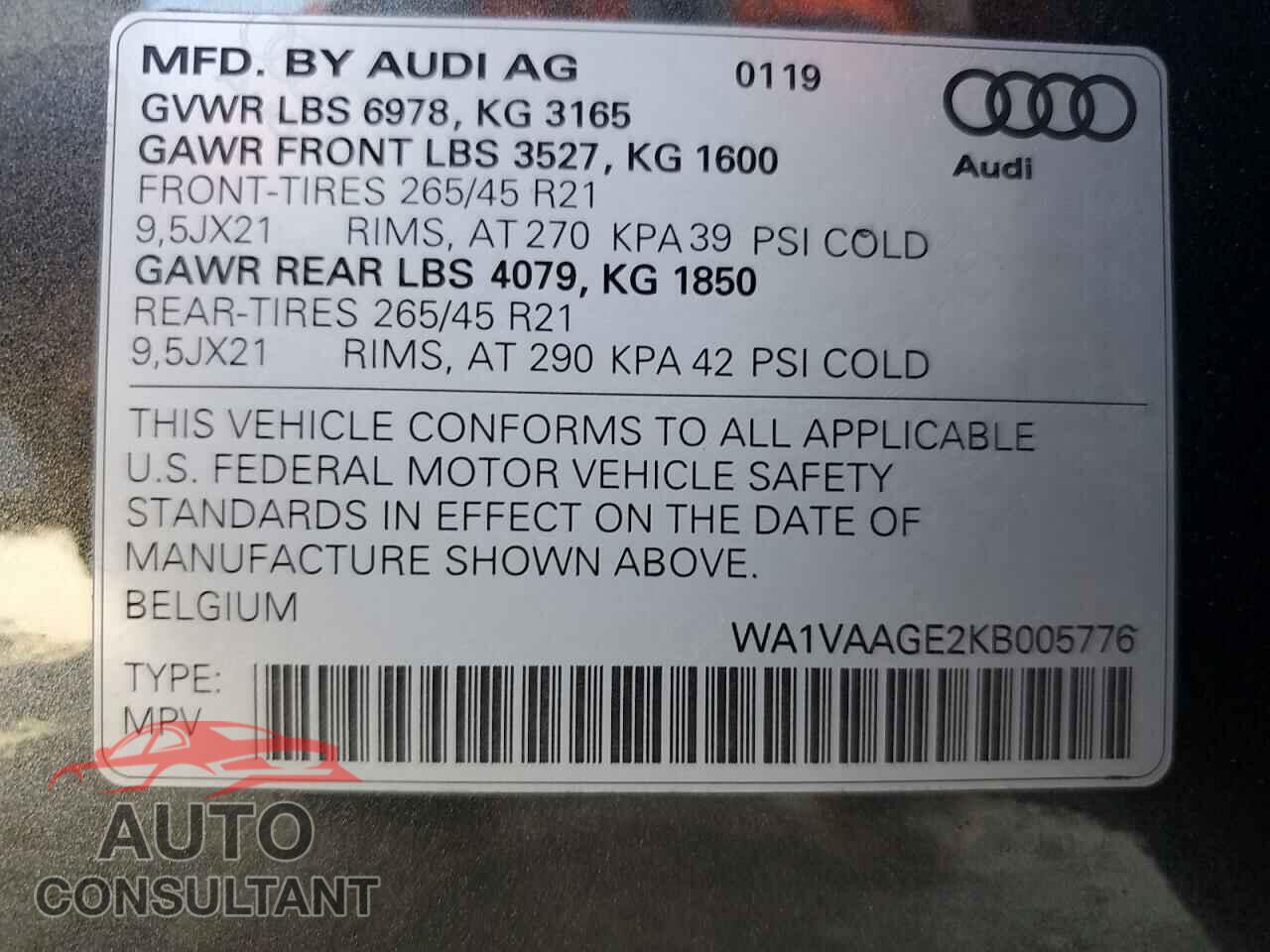 AUDI E-TRON 2019 - WA1VAAGE2KB005776