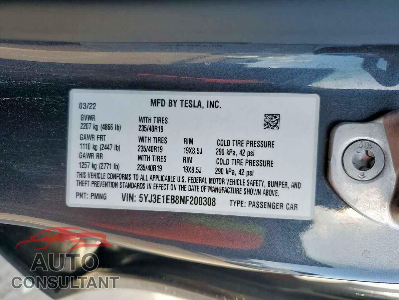 TESLA MODEL 3 2022 - 5YJ3E1EB8NF200308