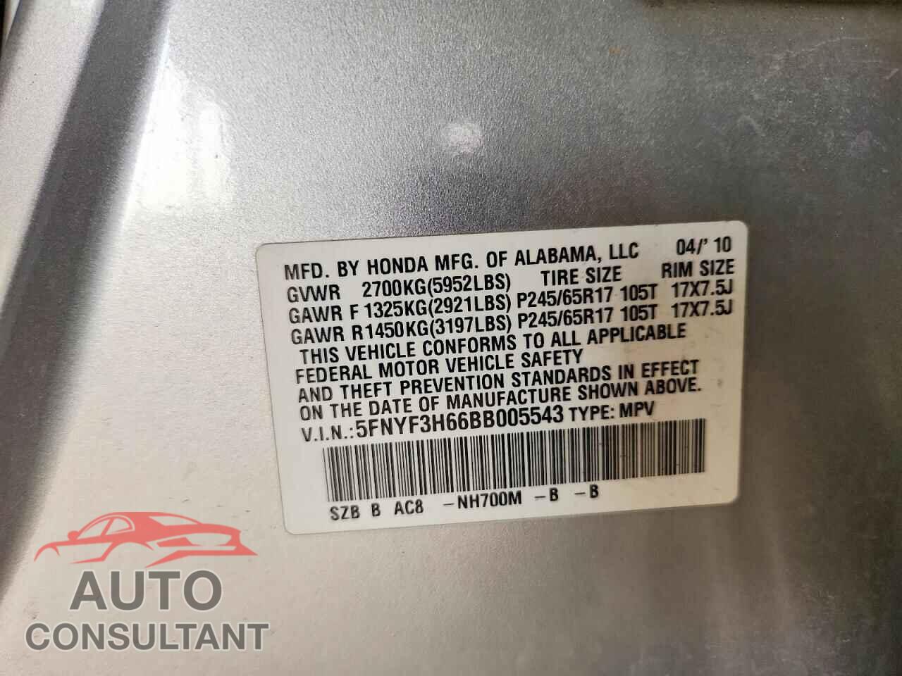 HONDA PILOT 2011 - 5FNYF3H66BB005543