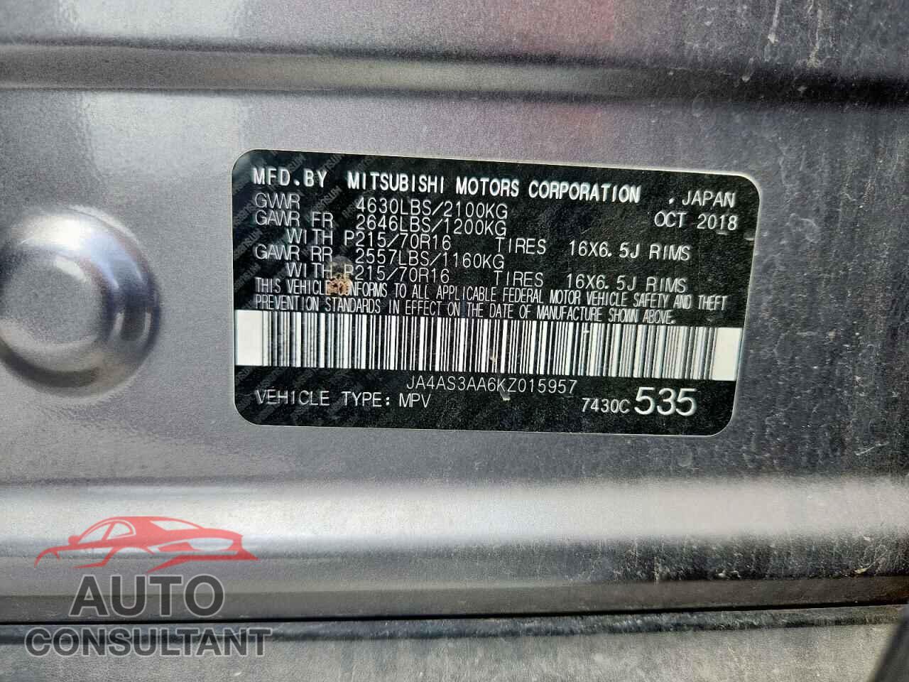 MITSUBISHI ECLIPSE 2019 - JA4AS3AA6KZ015957