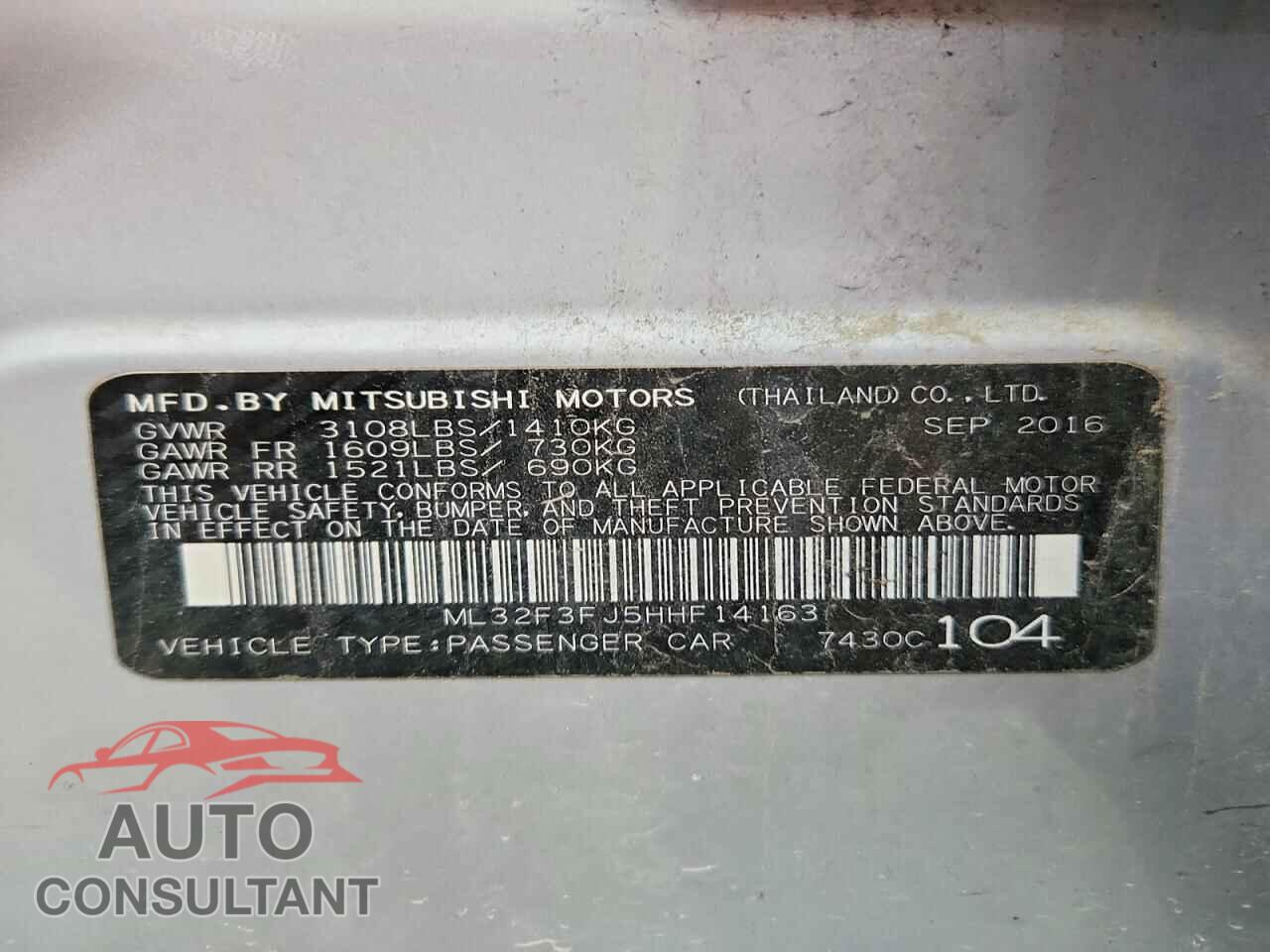 MITSUBISHI MIRAGE 2017 - ML32F3FJ5HHF14163