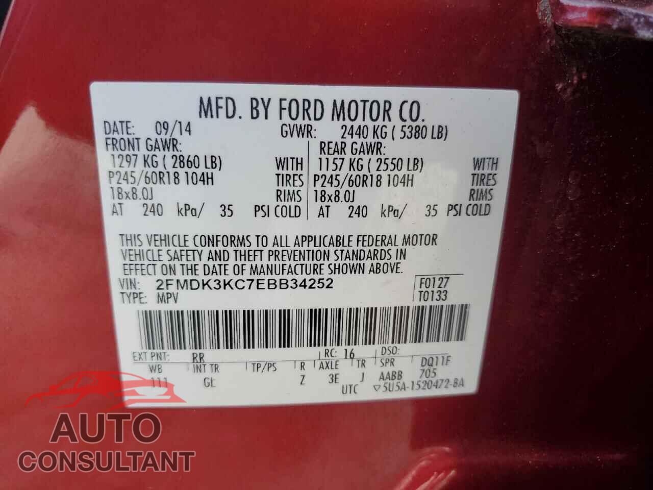 FORD EDGE 2014 - 2FMDK3KC7EBB34252