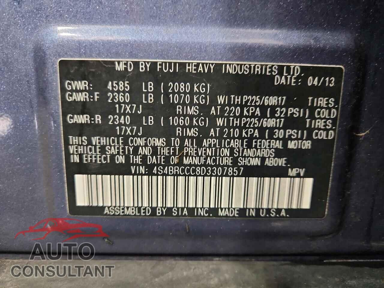 SUBARU OUTBACK 2013 - 4S4BRCCC8D3307857