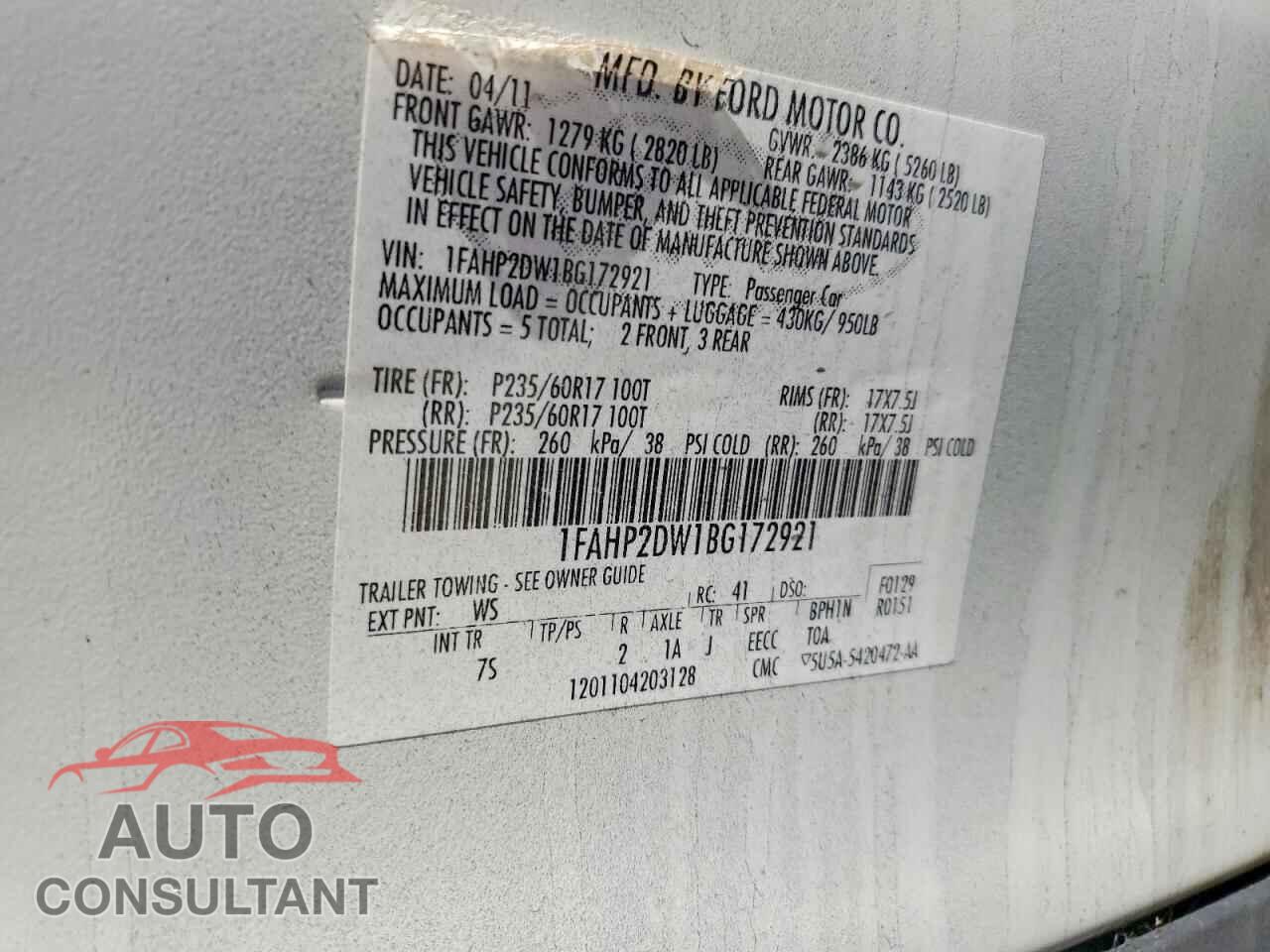FORD TAURUS 2011 - 1FAHP2DW1BG172921