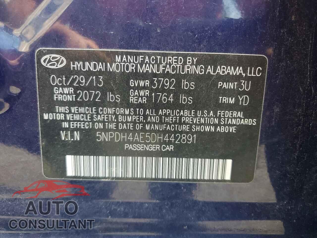 HYUNDAI ELANTRA 2013 - 5NPDH4AE5DH442891