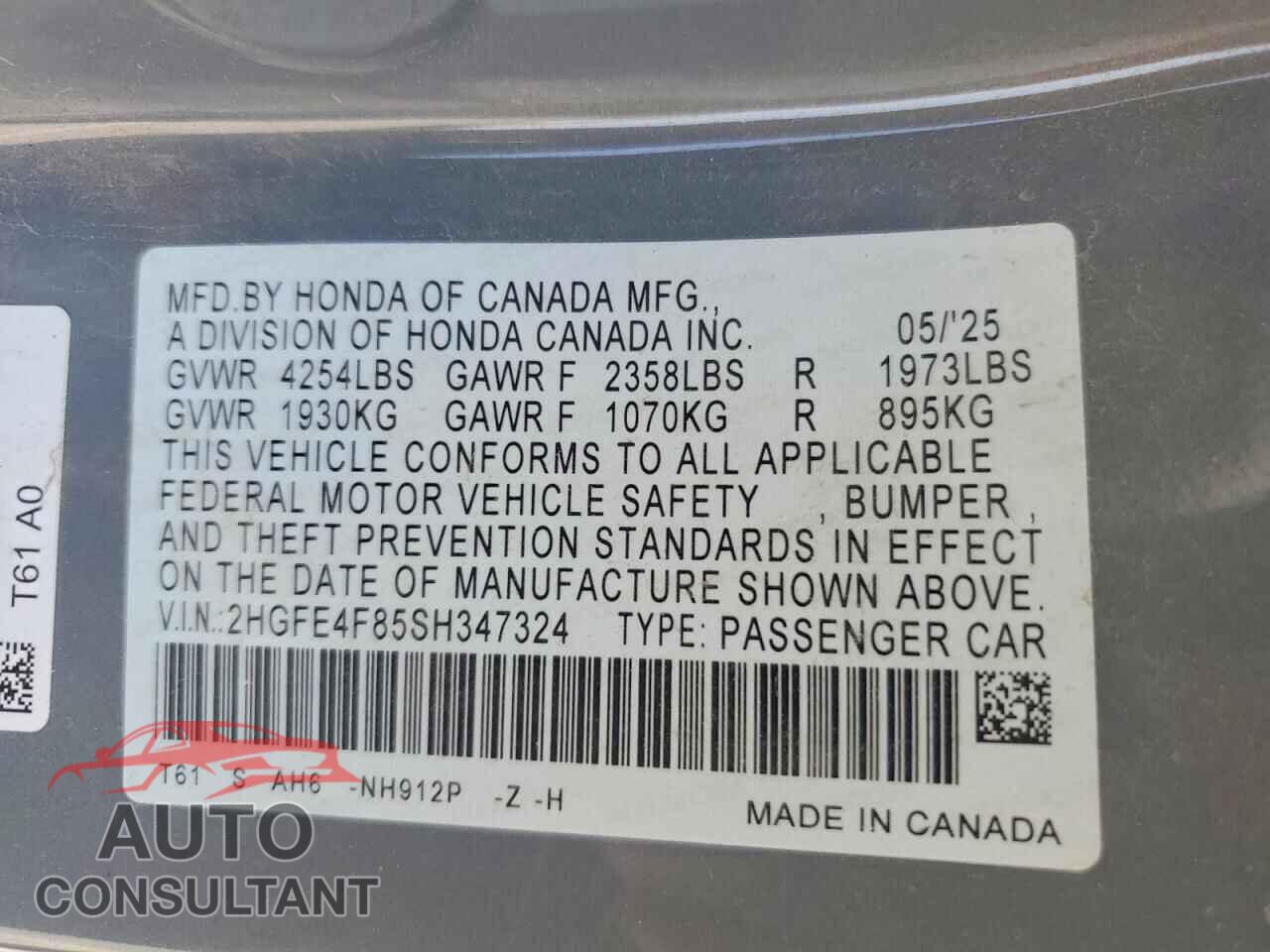 HONDA CIVIC 2025 - 2HGFE4F85SH347324