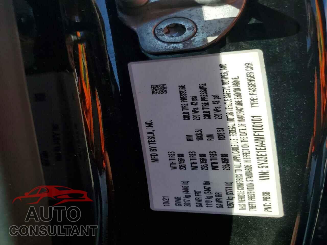 TESLA MODEL 3 2021 - 5YJ3E1EA4MF100101