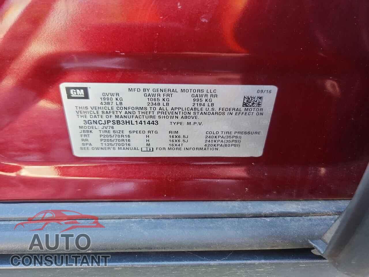 CHEVROLET TRAX 2017 - 3GNCJPSB3HL141443