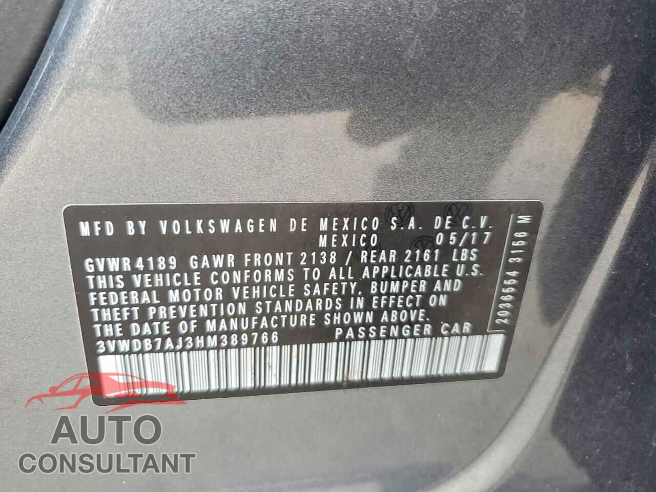 VOLKSWAGEN JETTA 2017 - 3VWDB7AJ3HM389766