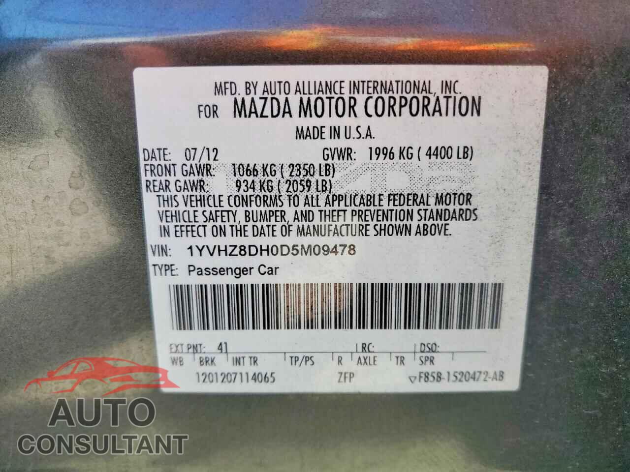 MAZDA 6 2013 - 1YVHZ8DH0D5M09478