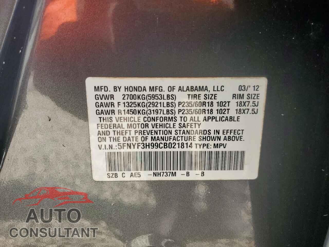 HONDA PILOT 2012 - 5FNYF3H99CB021814