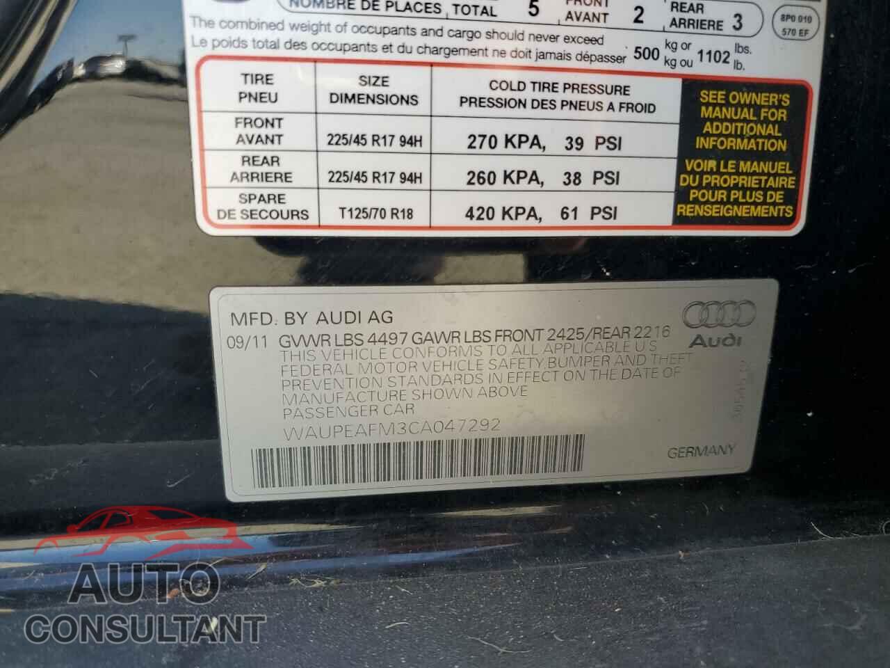 AUDI A3 2012 - WAUPEAFM3CA047292