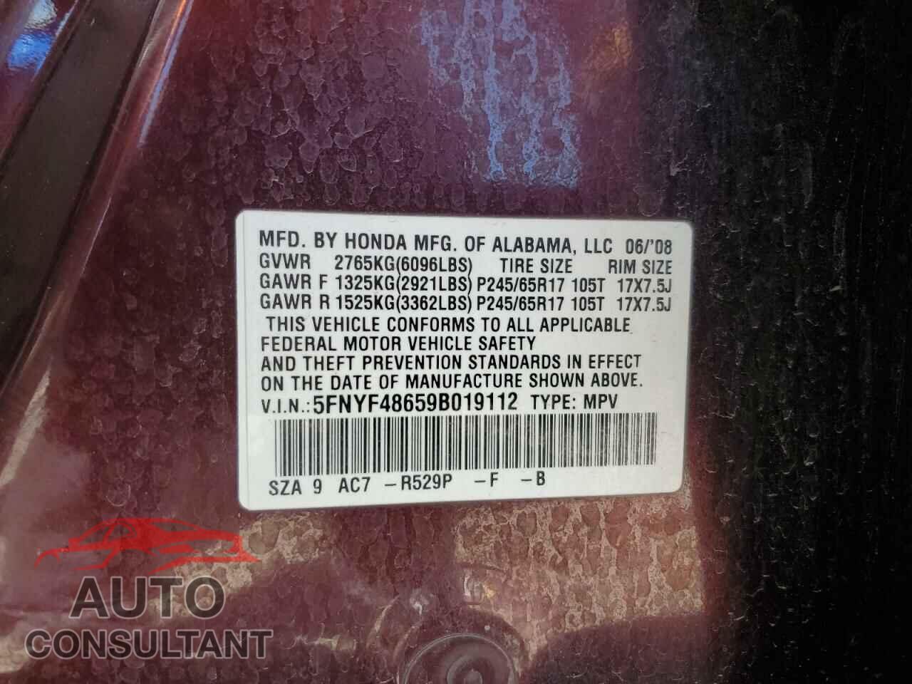 HONDA PILOT 2009 - 5FNYF48659B019112
