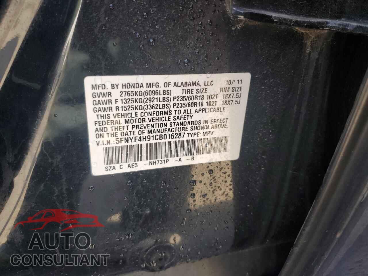 HONDA PILOT 2012 - 5FNYF4H91CB016287