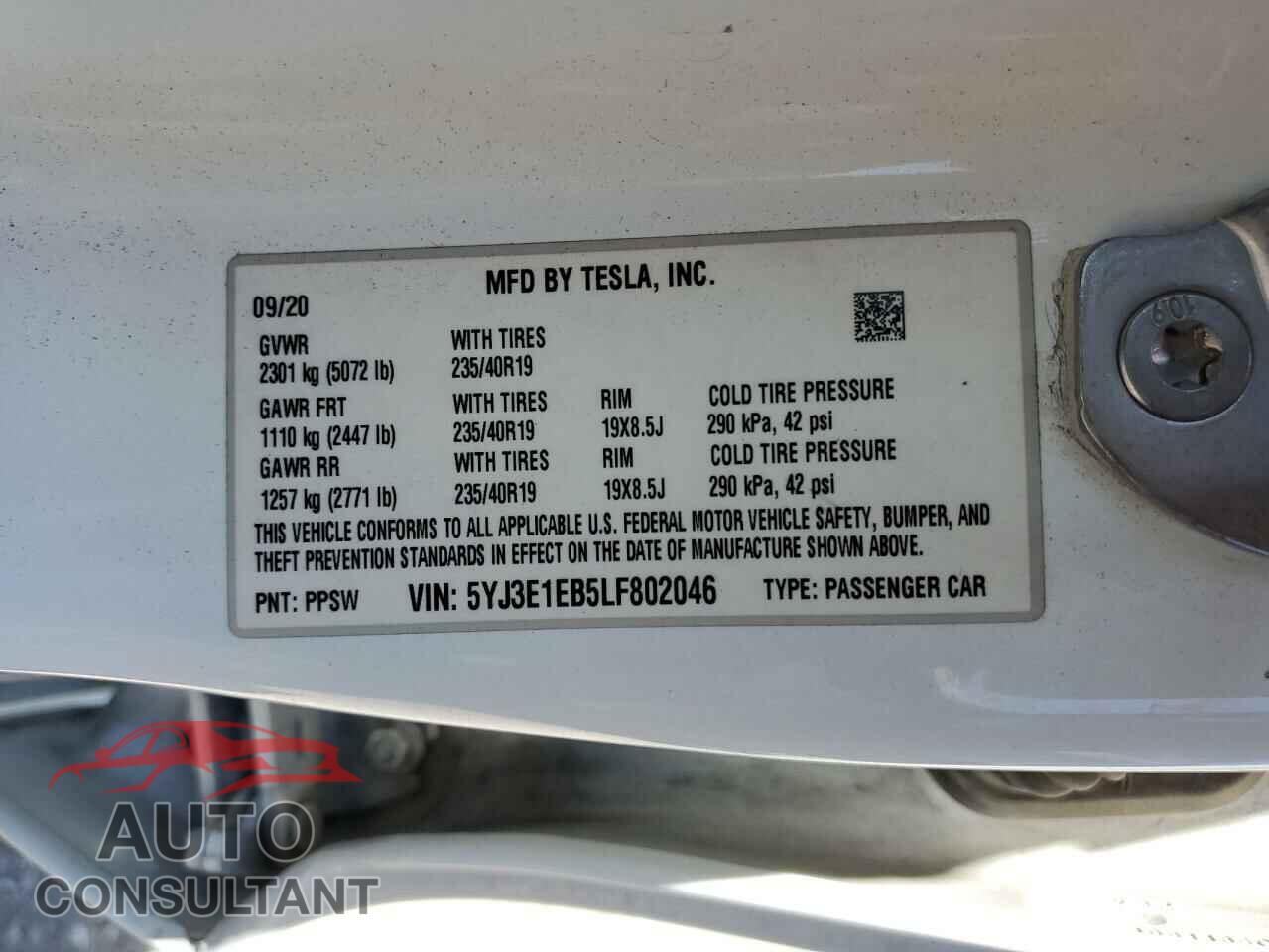 TESLA MODEL 3 2020 - 5YJ3E1EB5LF802046