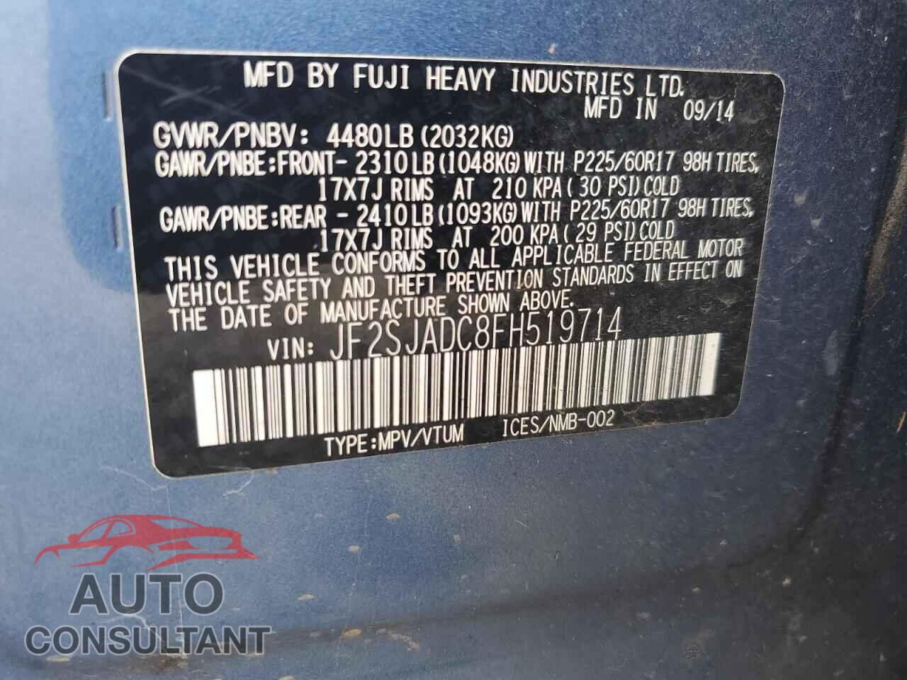 SUBARU FORESTER 2015 - JF2SJADC8FH519714
