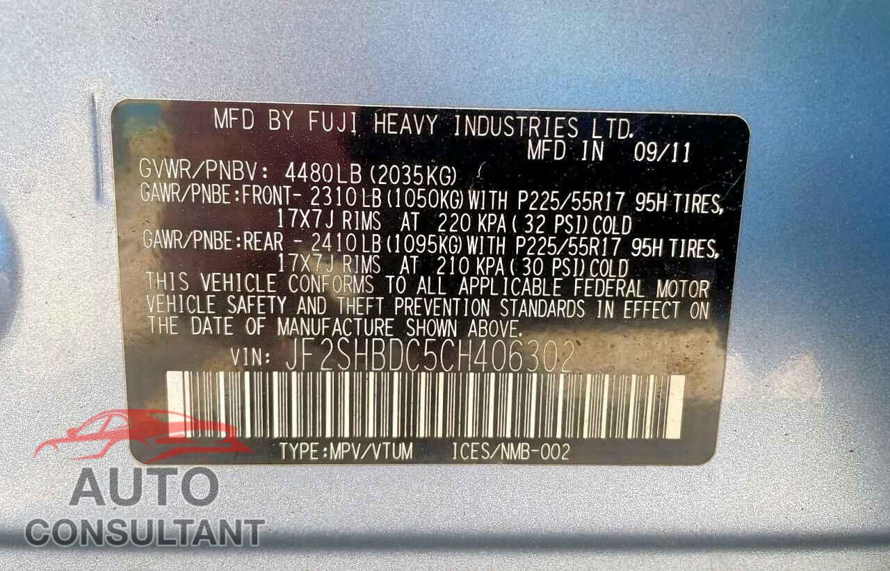 SUBARU FORESTER 2012 - JF2SHBDC5CH406302