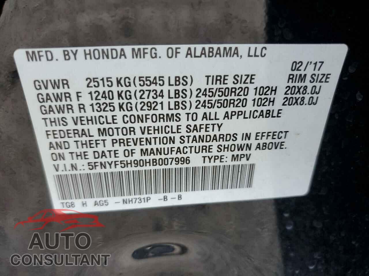 HONDA PILOT 2017 - 5FNYF5H90HB007996